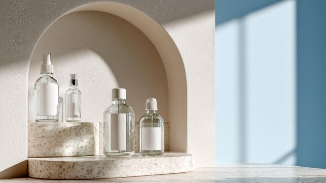 Four glass bottles on a terrazzo shelf under an arched wall niche with soft natural light