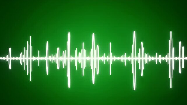 A dynamic sound wave visualization with bright white lines against a vibrant green background.