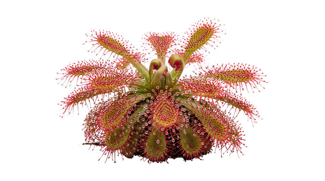Carnivorous sundew plant, a vibrant Drosera capensis, with sticky red tentacles, a fascinating insectivorous botanical specimen, perfect for nature and science projects. isolated PNG with