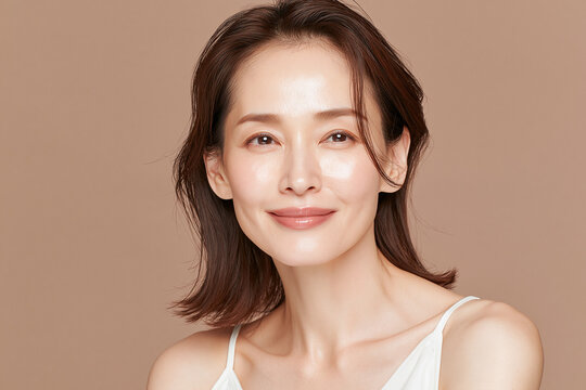 日本人, 女性, 50代, 40代, ミドル, シニア, 美容, スキンケア, エイジングケア, 健康, ライフスタイル, 美人, ナチュラル, 清潔感, 透明感, 白背景, コピースペース, 広告素材, 信頼感, 微笑み, ウェルビーイング, 上半身, 視線, ポニーテール, 化粧品, エステ, 自己肯定感, オーセンティック, ポジティブエイジング, 日本, ウェルエイジング, サプリメント,