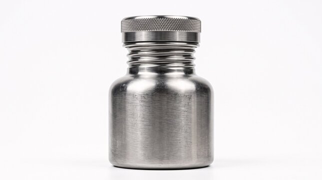 A small stainless steel container with a screw cap isolated on white background.
