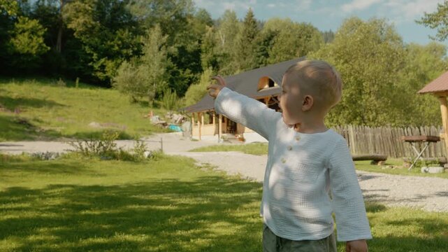 A boy is playing outside a traditional house in Bucovina. He points to something in the distance while surrounded by greenery and a clear sky.