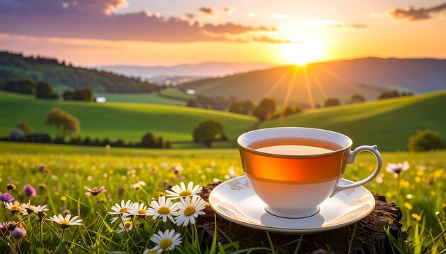 Golden hour coffee cup in a blooming lavender field.