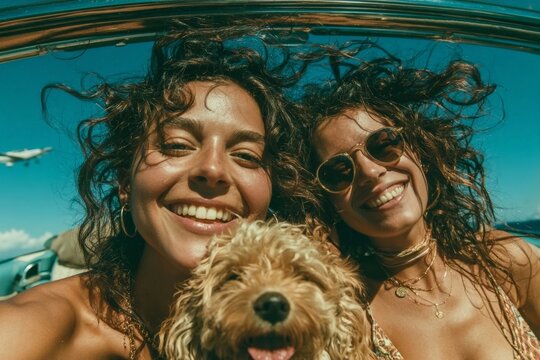 Two joyful women smiling in a convertible with a dog, captured from a low-angle view under a bright blue sky with an airplane in the distance.