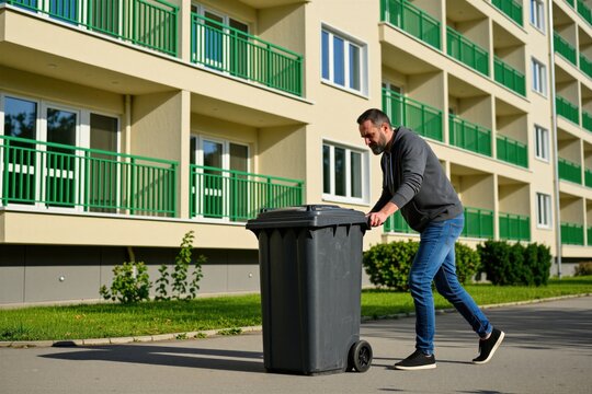 Bearded man in hoodie pushes black plastic garbage bin on wheels outdoors near modern residential apartment building during day. Casual guy handles household waste disposal container on urban street