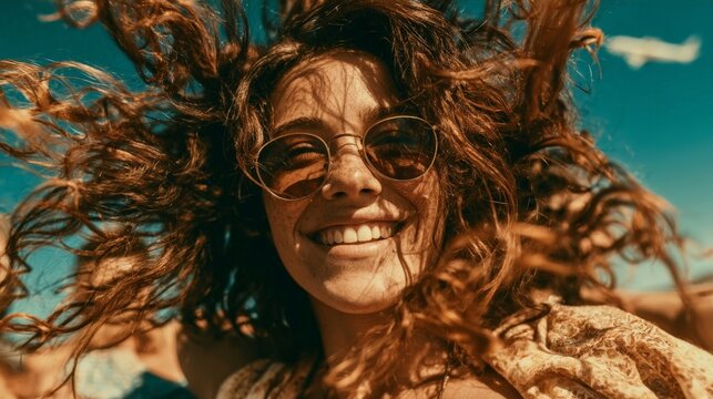 A joyful woman with curly hair and sunglasses smiles brightly against a clear blue sky, capturing a moment of carefree happiness.