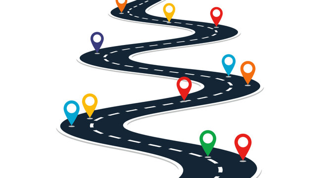 Winding road with map pins representing journey, route, destination, travel, strategy