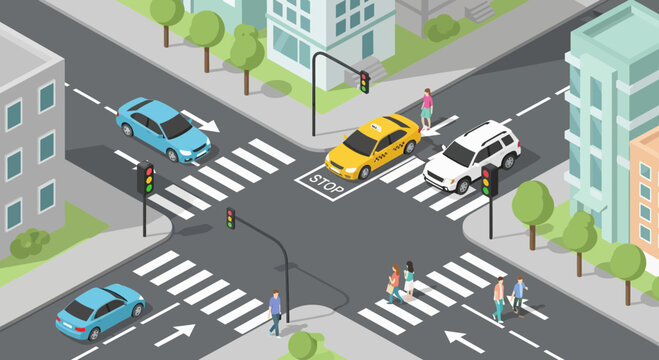Busy City Intersection with Cars and Pedestrians Crossing