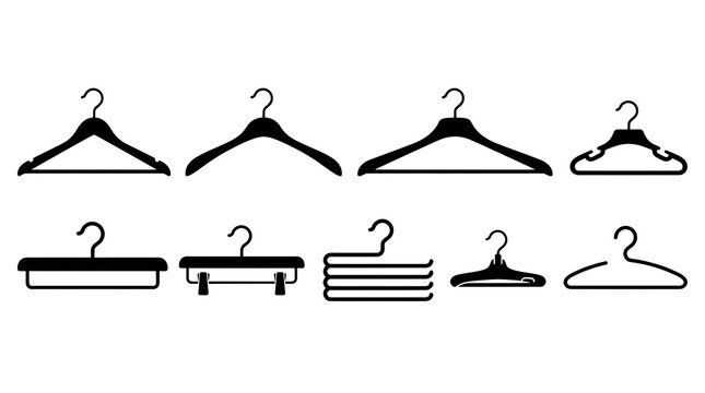 Clothes hanger types silhouette vector icon set including suit hanger, coat hanger, wooden hanger, plastic hanger, clamp hanger with clips, trousers hanger and multi tier pants hanger
