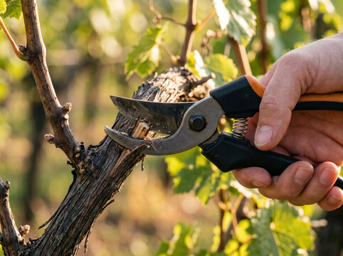 Hand pruning grapevine with sharp secateurs tool in vineyard garden