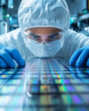 Semiconductor technician inspecting silicon wafer patterns in a cleanroom fabrication facility