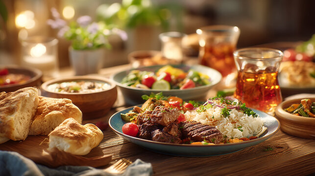 Grilled lamb shish kebab platters with spiced basmati rice fresh naan bread traditional black tea and hummus on rustic wooden table