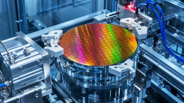 Automated semiconductor machinery handling a silicon wafer on a high-tech production line