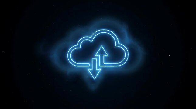 Blue neon cloud icon with transfer arrows