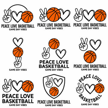 Basketball designs with peace signs, hearts, and text. game day vibes typography set for sports fans