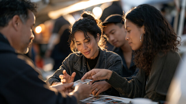 A tarot card reader at a rain-soaked street fair serves a multicultural group of curious visitors, playground friendships energy alive in the animated debate between friends over