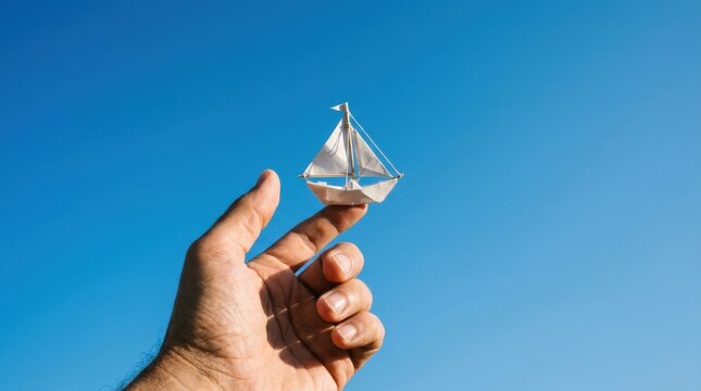 A hand holding a small white paper origami boat against a bright clear blue summer sky representing travel exploration adventure and marine navigation