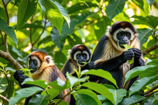 Three Geoffroys spider monkeys eat green leaves in rich forest. Family group rests on tree branches amid vibrant foliage, enjoying natural jungle habitat. Primate scene shows wild animals in Central