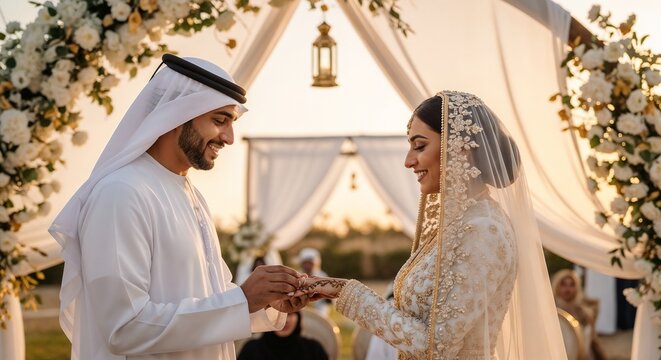 Romantic Arabian wedding ceremony outdoors with groom placing ring on bride under floral arch. Elegant Arabian wedding setting features traditional attire. Arabian wedding celebrates love and culture.