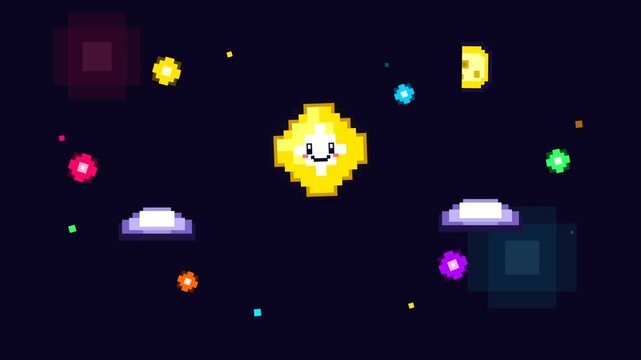 Retro pixel art space animation background featuring cute smiling character with colorful stars planets and arcade gaming aesthetic for digital projects