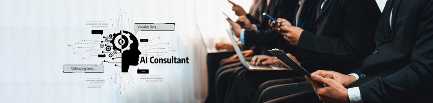 A business team engages in a modern technology discussion, focusing on AI solutions to enhance workplace productivity and optimize strategies for success. Trope