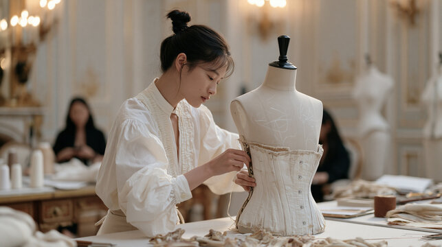 A corsetry atelier fitting in progress inside a luxury interior, a seamstress making final busk adjustments on a half-constructed garment displayed on a dressmaker's form, the