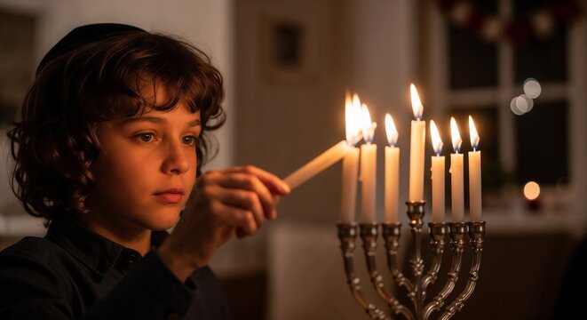 Jewish boy lighting candles on Hanukkah menorah during evening ceremony. Young boy uses candle for Hanukkah menorah lighting ritual in warm home. Religious Hanukkah menorah concept for holiday season.