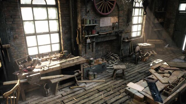 Vintage Woodworking Workshop Interior Slow Leftward Reveal
