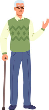 senior elderly grandfather with walking stick. Flat design.