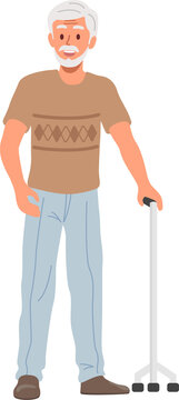 senior elderly grandfather with walking stick. Flat design.