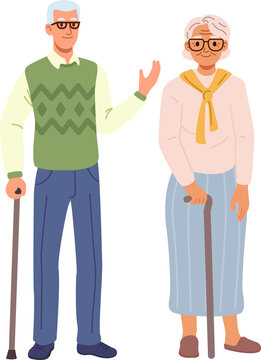 Healthy senior elderly couple with walking cane. Flat design.