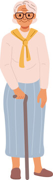 senior elderly grandmother with walking stick. Flat design.	
