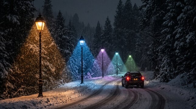 Winter Night Scene with Streetlights and Snowy Road
