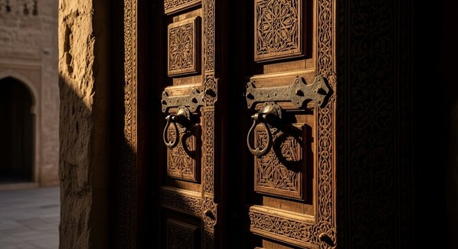 Ancient wooden door with ornate carving and metallic handle. Ancient wooden door features intricate geometric patterns and heavy latch. Decorative ancient wooden door symbol of historical culture.
