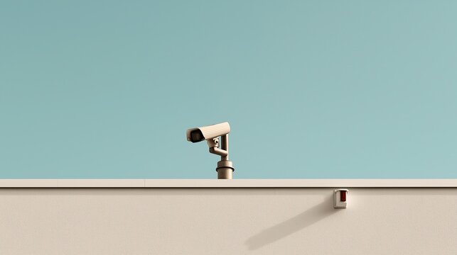 Beige outdoor security surveillance camera mounted on top of light colored building wall against clear pale blue sky representing modern public safety and monitoring concept