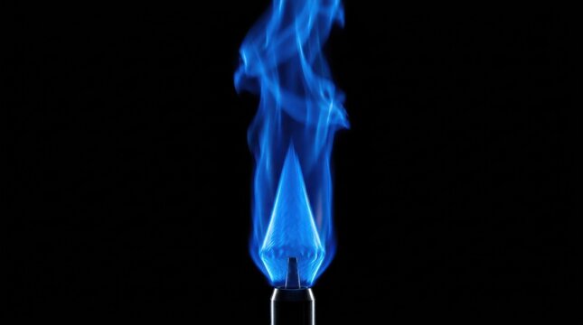 Bright Blue Gas Flame Burning From A Bunsen Burner Isolated On Black Background Representing Scientific Research Laboratory Equipment And Energy