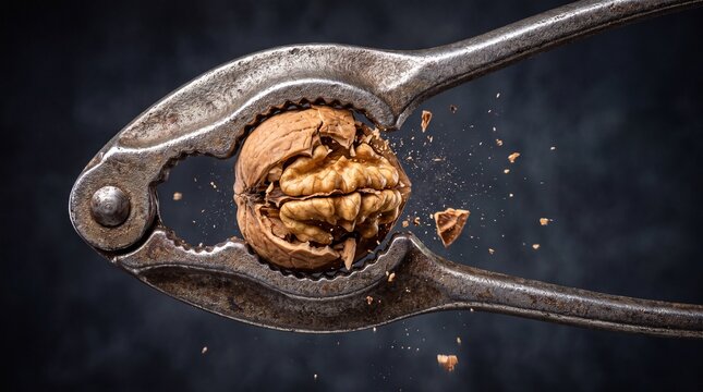 Metal nutcracker tool cracking a whole ripe walnut with shell fragments flying on a dark background.