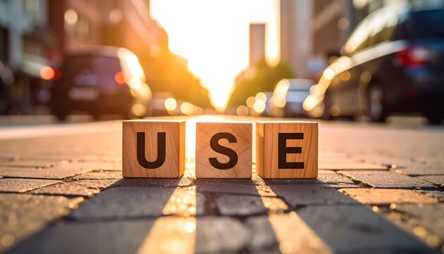Wooden blocks spelling the word USE on a table.
