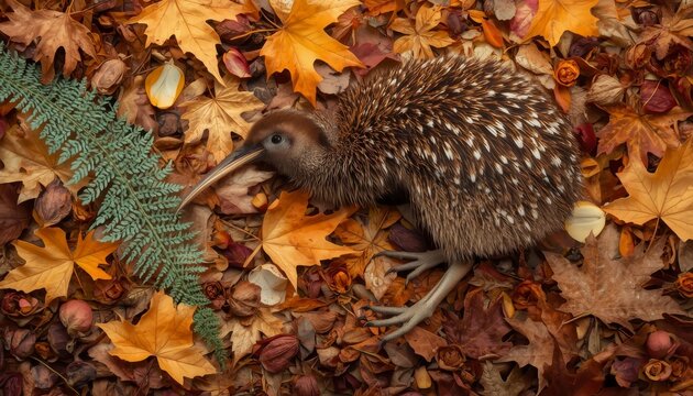 New Zealand kiwi bird lying on autumn dry leaves with green fern frond flat lay