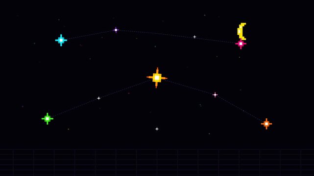 Pixel art space background featuring colorful stars constellation celestial moon comet galaxy retro video game aesthetic night sky cosmic digital graphic illustration