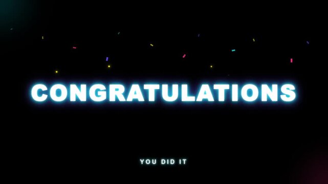 Congratulations message glowing neon text with confetti celebration for success and achievement in any event Full HD Animation video