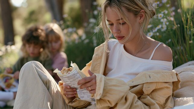 teenage babysitter outdoors in dappled woodland light reading the back of a packaged snack with furrowed brow and a cautious expression studying misleading nutrition claims on a