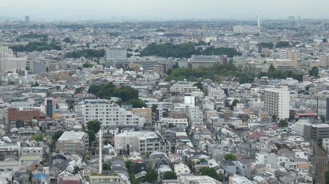 A long, panning shot of an aerial view of Setagaya, Tokyo, moving from right to left.
