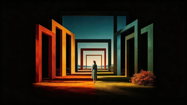 Surreal abstract artwork with woman in green dress walking through sequence of colorful rectangular frames opening towards bright distant seascape against dark surrounding background