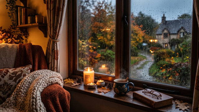 Fall Aesthetic. Cozy living space with rain outside, candles, and warm autumn colors