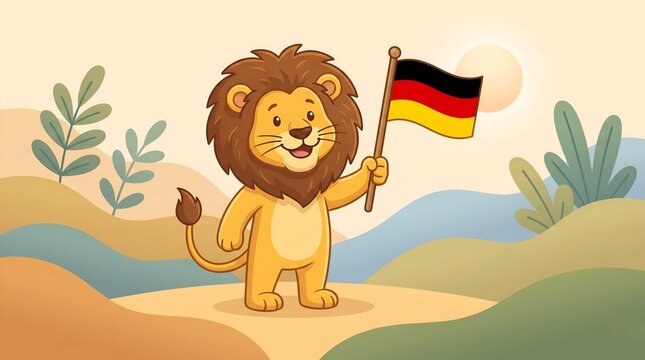 Elegant flat-inspired illustration of a lion holding a small German flag while surrounded by abstract geometric shapes, clean neutral background, minimalist premium campaign celebrating democracy
