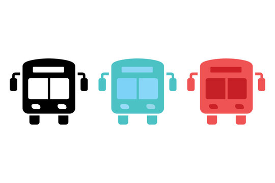 Public transit bus and high-speed train vector icon set, city passenger bus, express locomotive, bullet train, commuter transit symbols, red and black line outline and solid transportation badges, and