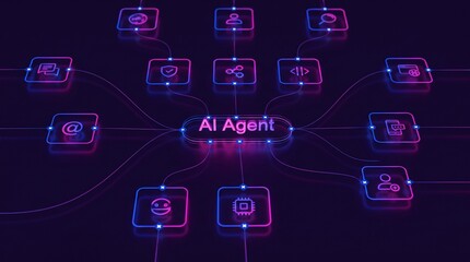 Fototapeta premium AI Agent network with glowing neon lines and connected tech icons