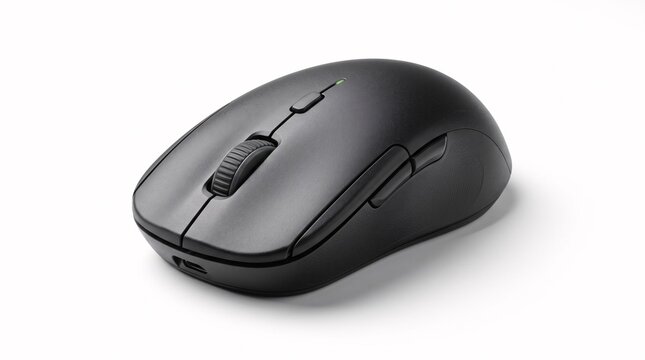 Modern black wireless computer mouse isolated on a white background.