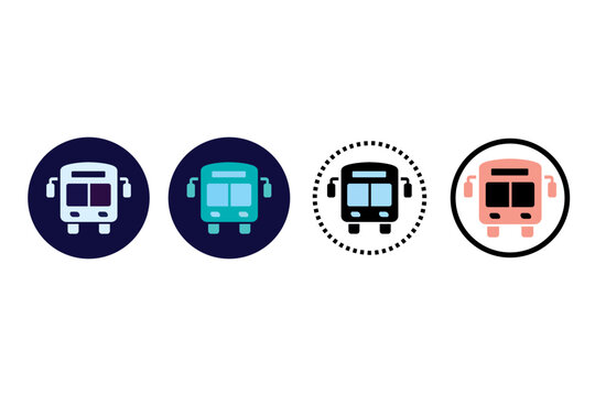 City passenger bus vector icon set in circular frames, public transit symbol, white, cyan, and red bus badges, dotted circle border web buttons, urban transport signs, and mobile app UI design.